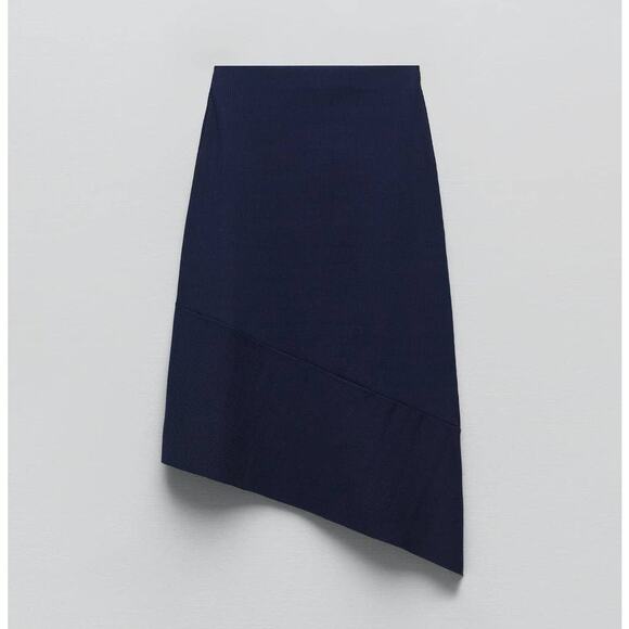 Zara Asymmetric Ribbed Midi Skirt in Navy Blue - Picture 3 of 10
